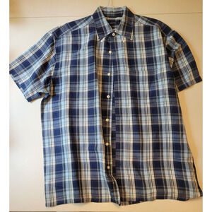 Nautica Linen Blend Button Up Shirt Mens Size‎ Large Short Sleeve Blue Plaid